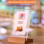 support menu acrylique transparent moderne base bois adhésif minimaliste
