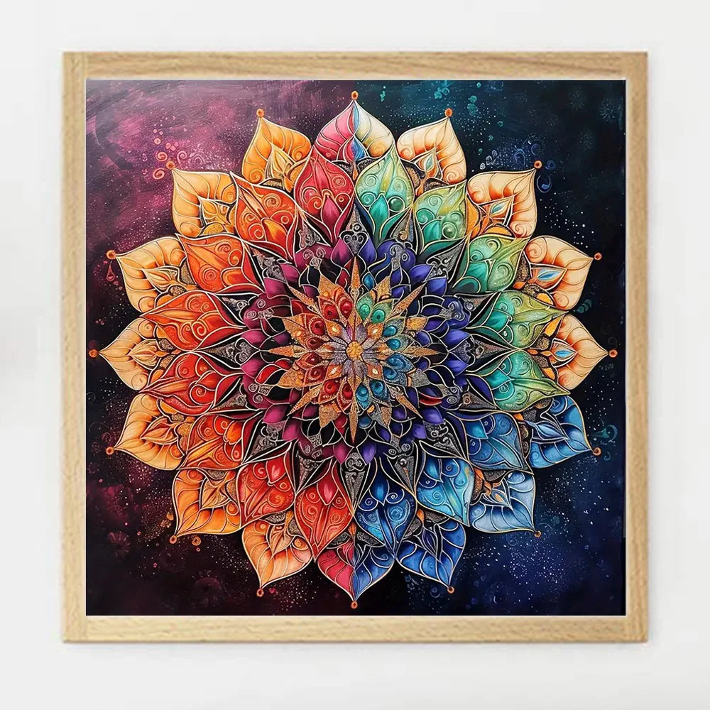 tableau mandala floral peintures moderne art contemporain multicolore orange rouge bleu vert violet guide