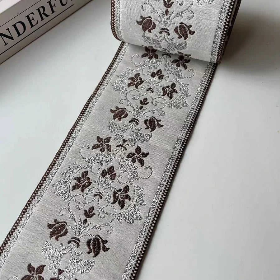 ruban brodé fleurs polyester largeur 9cm beige marron rouge vert élégant classique opaque