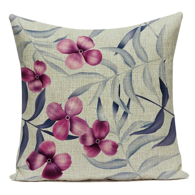 coussin décoratif carré motif fleurs feuilles tropicales moderne salon canapé lit maison textile coton