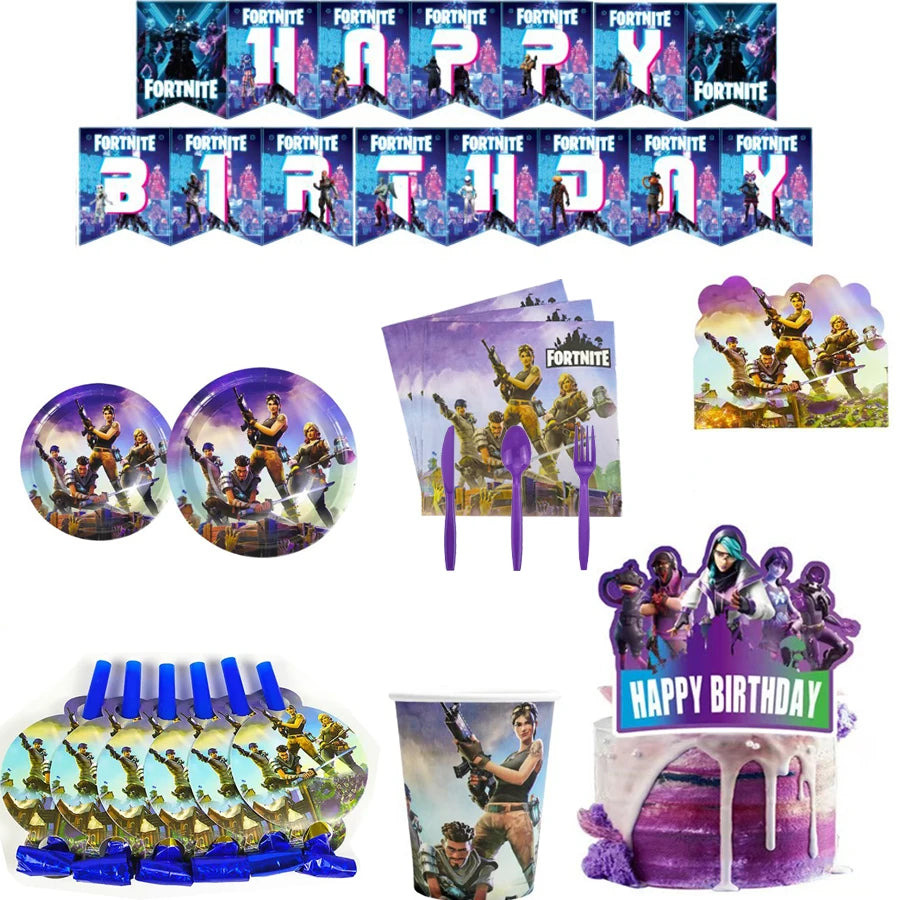 accessoires fête thème fortnite assiettes violet blanc personnages armés bannière happy birthday chapeaux coniques