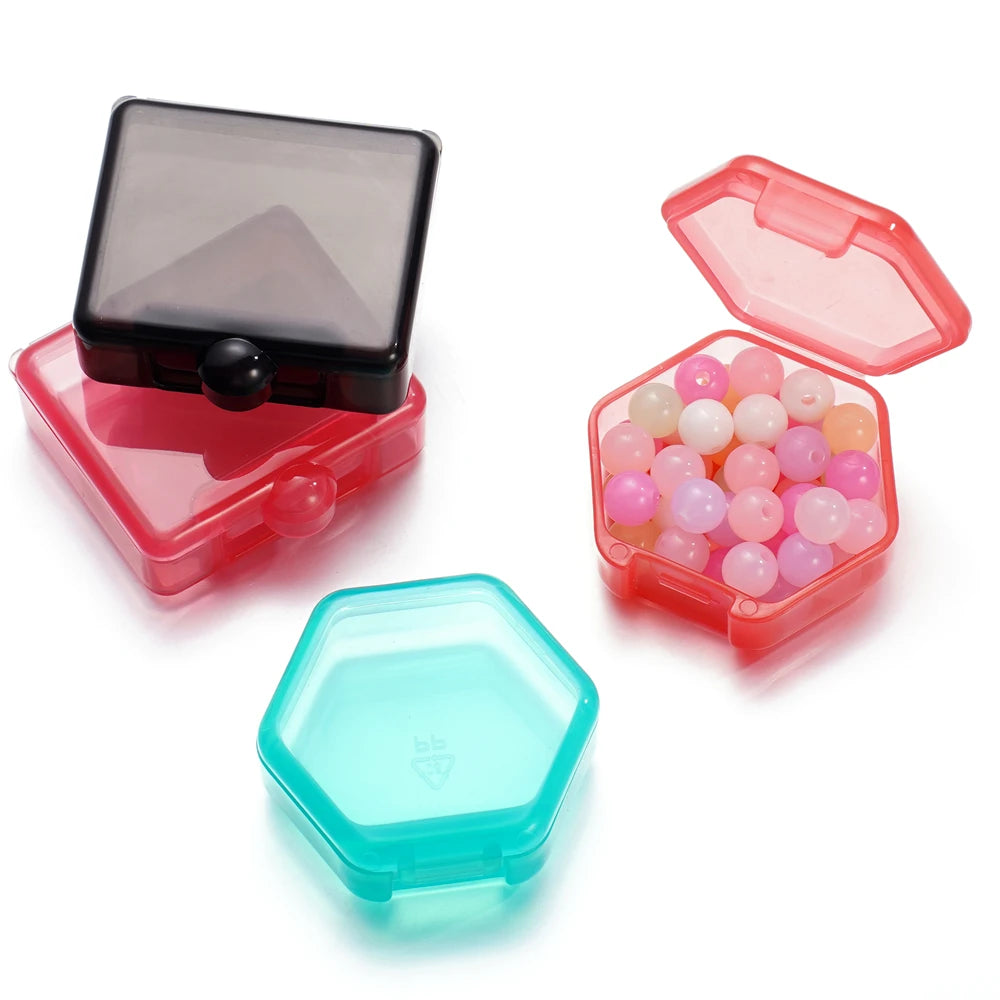 boîtes rangement hexagonnelles modernes transparentes clips colorées bleu noir vert orange violet rouge 42x46mm