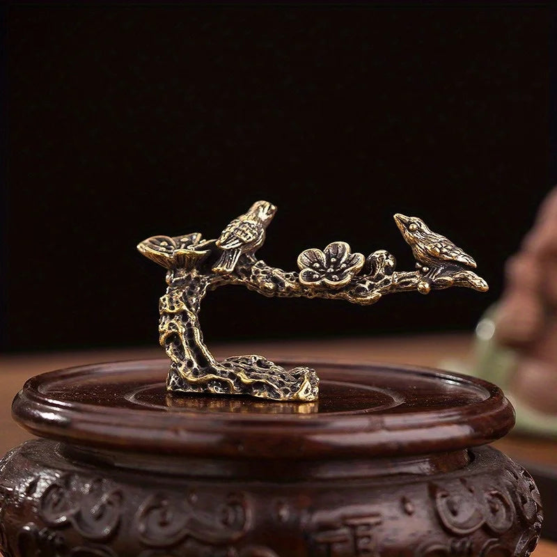 statuettes oiseaux bronze traditionnel asiatique relief floral décoration intérieure salon collectionnement branche fleurie