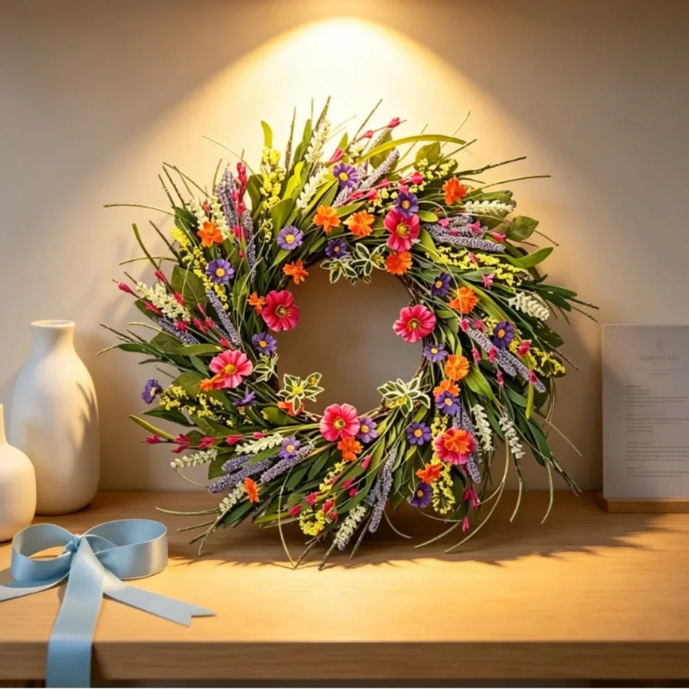 décoration murale couronne florale printemps couleurs vives champêtre papillons inclusintérieur accrochage bouclemétallique