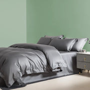 housse couette coton pima gris tissu lisse brillant moderne minimaliste lit ensemble literie