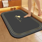 tapis bain antidérapant motifs floraux gris foncé bleu marine bordure dorée moderne textures