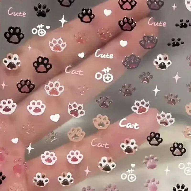 autocollants ongles transparents empreintes chat coeurs cute cat mignon rose blanc noir
