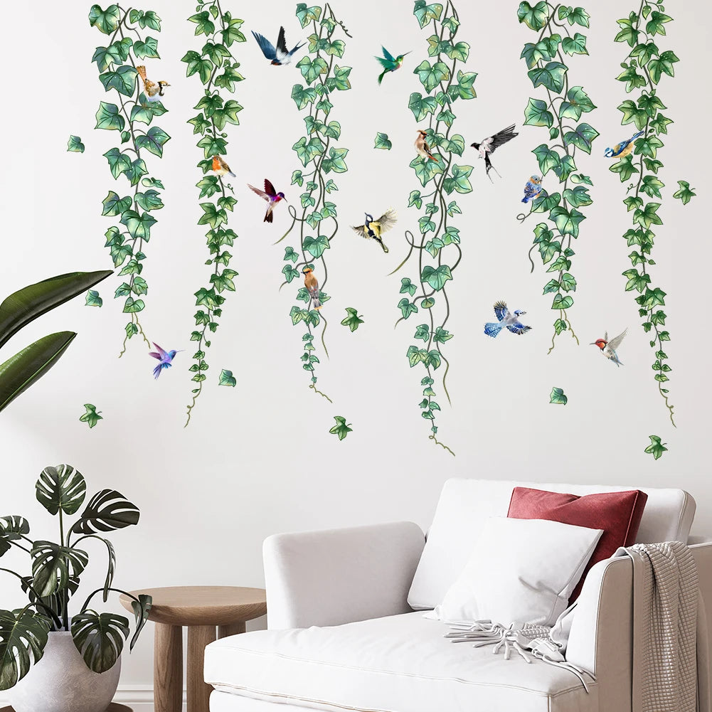 stickers muraux oiseaux lierre aquarelle naturels chambre enfants decoration murale adhésifs variés couleurs bleu
