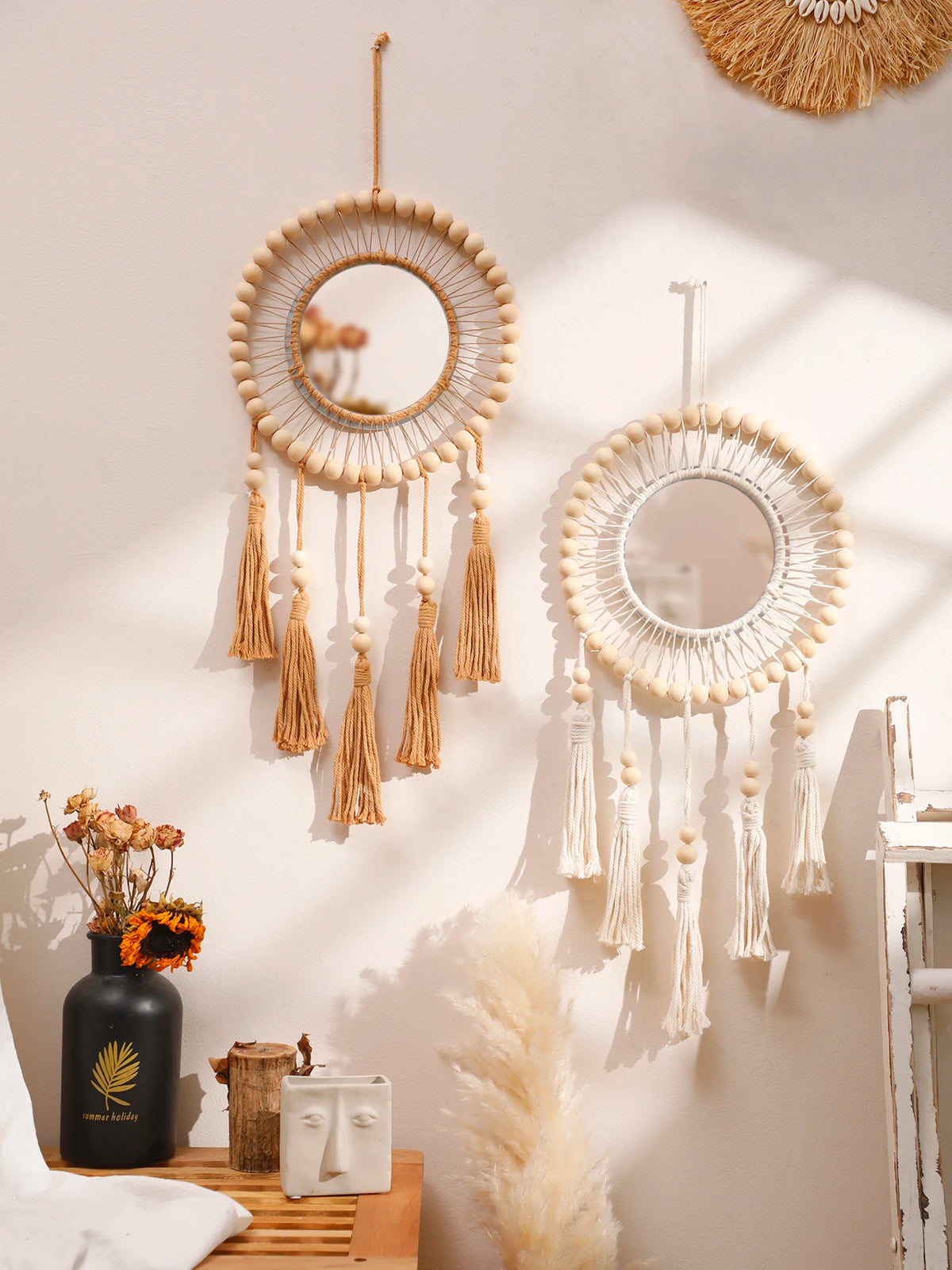 miroir decoratif boho chic bois macramé beige blanc salon chambre coucher deco mur
