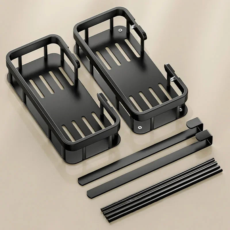 étagère salle bain deux niveaux noir moderne grille imperméable aluminium fixations murales rangement douche