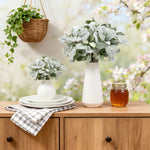 bouquet artificiel feuilles ovales vert clair gris rustique naturel vase transparent emballage brun serviette