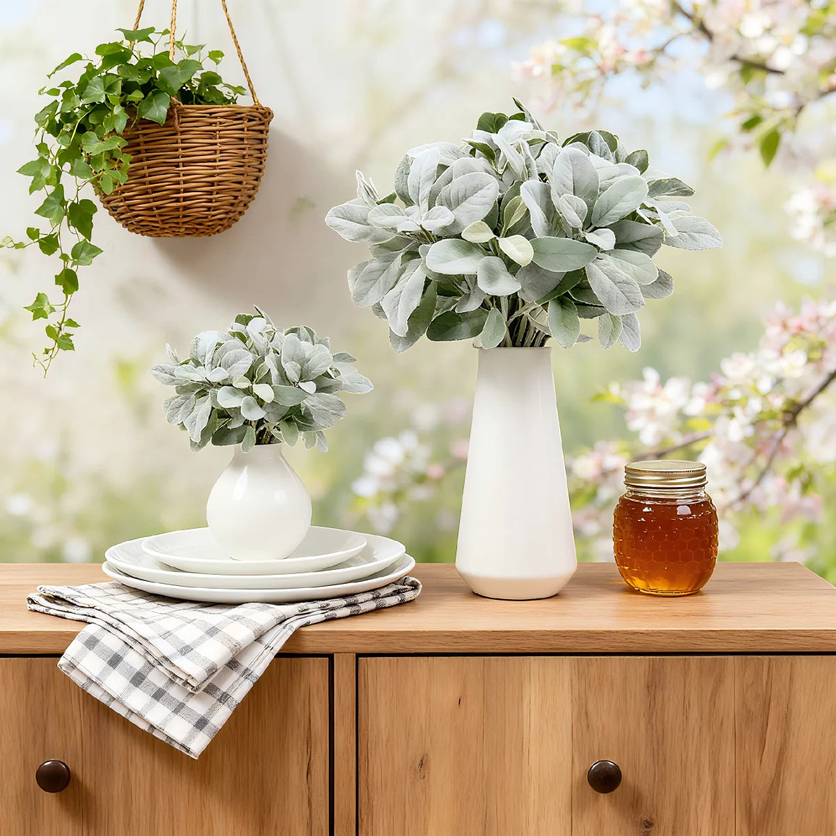 bouquet artificiel feuilles ovales vert clair gris rustique naturel vase transparent emballage brun serviette
