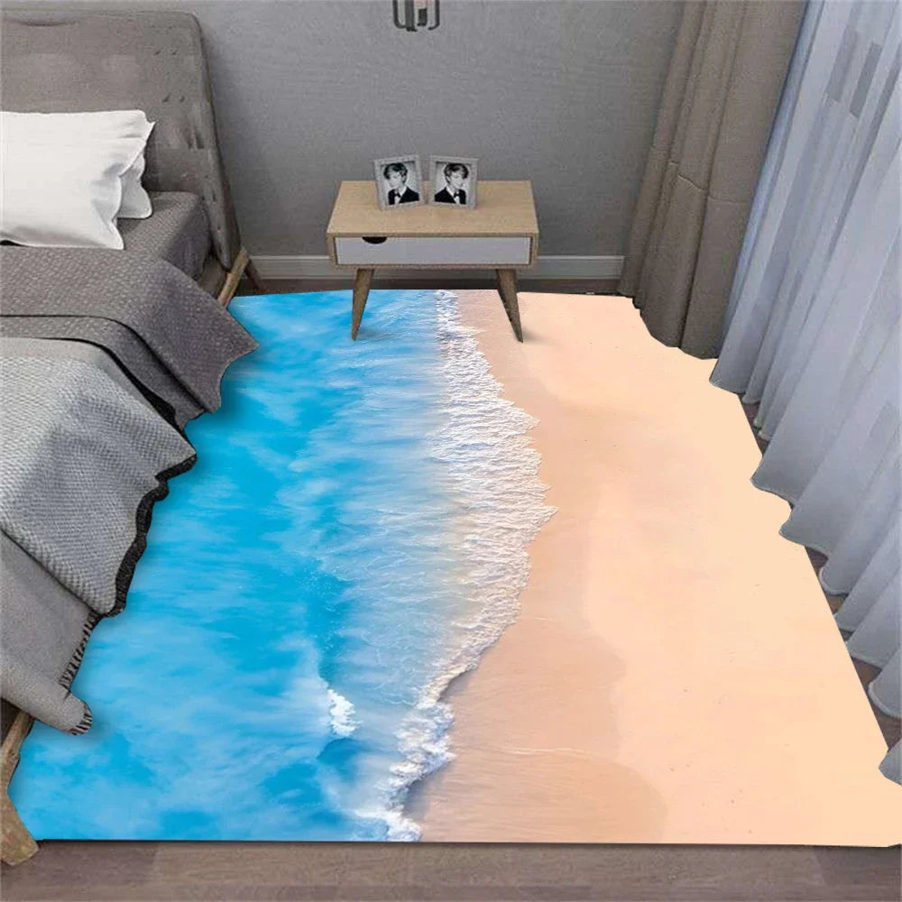 tapis salon moderne motif vagues mer coquillages bleu clair beige blanc décoratif intérieur maison
