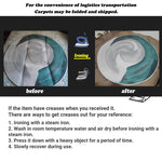 L'image montre un tapis plié avant et après un repassage, avec des instructions pour aplanir les plis éventuels à l'aide d'un fer à repasser à vapeur, d'un lavage à température ambiante et d'un séchage à l'air avant le repassage, puis d'une pression avec un objet lourd pendant un certain temps et d'une récupération lente pendant l'utilisation.