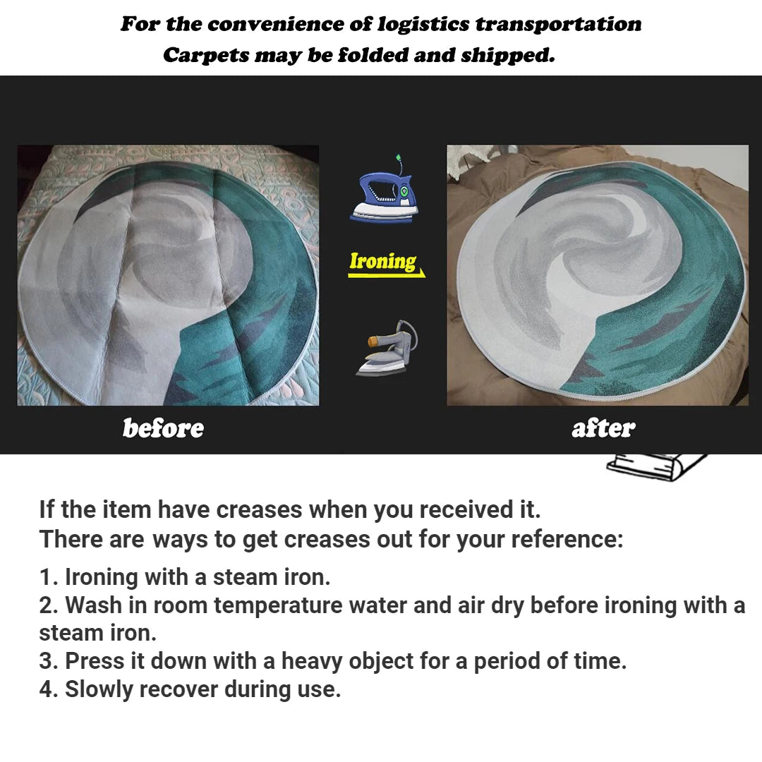 Image illustrant le pliage et l'expédition pratiques des tapis pour les transports logistiques, avec des conseils pour éliminer les plis, notamment le repassage à la vapeur, le lavage à la température ambiante et le séchage à l'air, ainsi que l'application d'une pression pendant un certain temps et une récupération lente lors de l'utilisation.