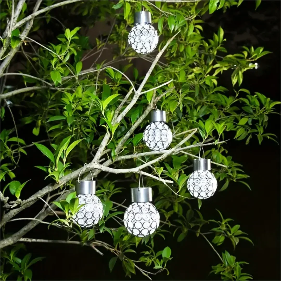 lumière solaire boule transparente motifs colorés moderne décoration extérieure jardin suspension anneaux métalliques