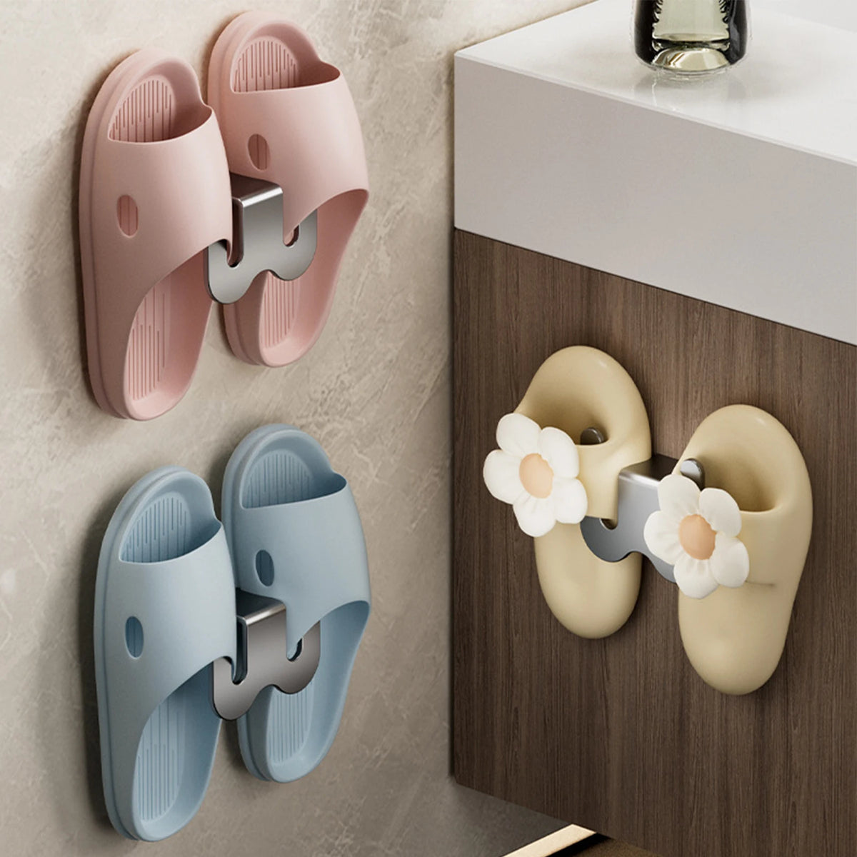 porte pantoufles mural adhésif moderne rose bleu clair beige gris argenté imitation carrelage lisse
