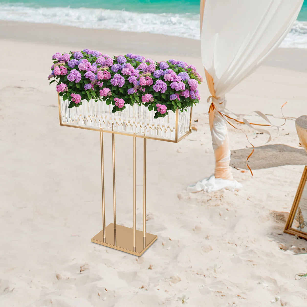 présentoir fleurs cristal moderne or blanc violet jaune 70x90cm table mariage deco centroil transparent