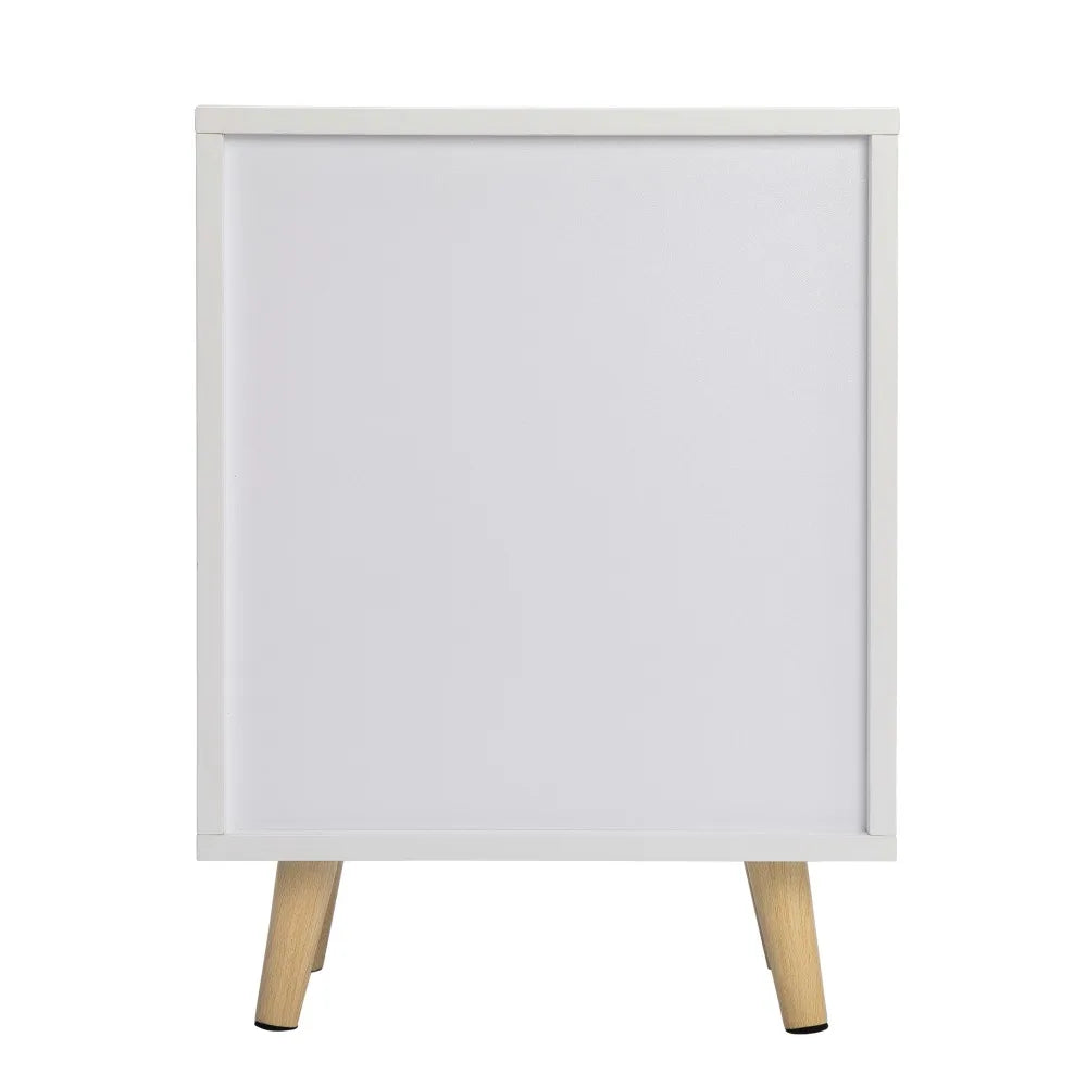 meuble chevet blanc moderne tiroir étagère ouverte imitation chêne pieds bois