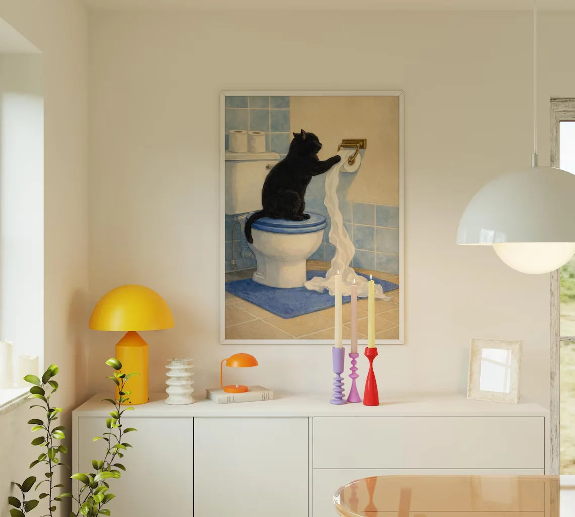 tableau salle bain chat noir toile cadre bois décoration murale humour toilette