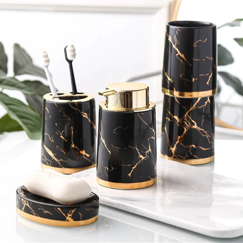 ensemble vaisselle salle bain marbre doré moderne vert foncé blanc noir respectueux environnement