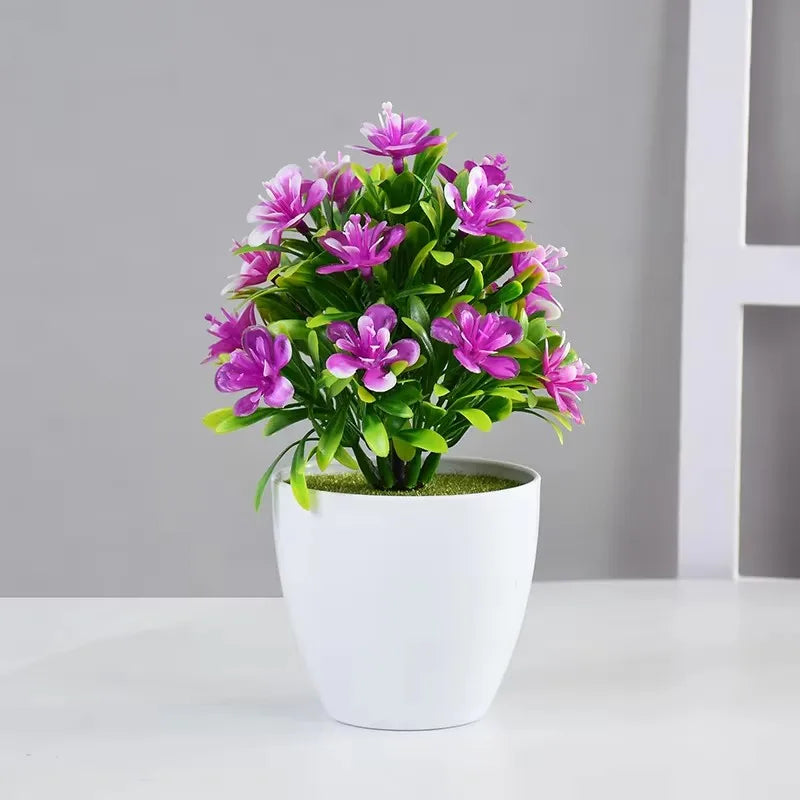 plantes artificielles bonsaï violettes rouges jaunes blanches pot blanc mousse verte décoration moderne extérieur