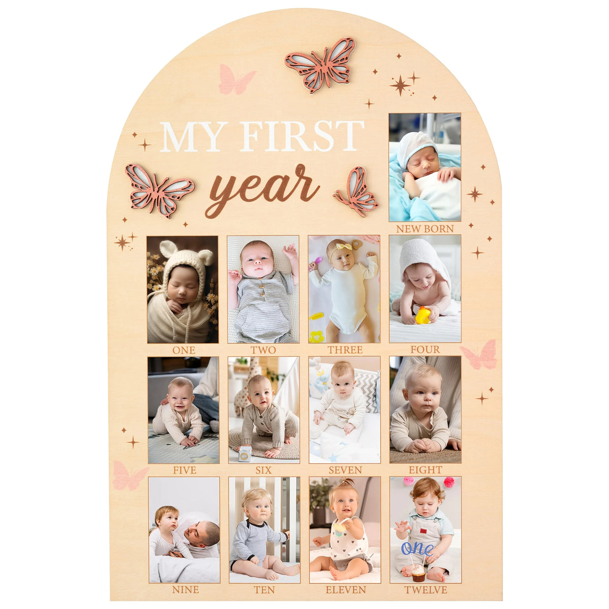 cadre photo mural bébé arches papillons relief moderne beige clair 12 mois développement anniversaire