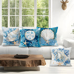 coussin moderne bleu blanc corail coquillage 45cmx45cm zip invisible décoration intérieur maison