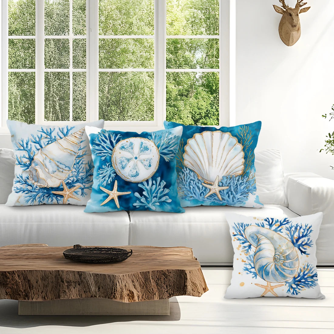 coussin moderne bleu blanc corail coquillage 45cmx45cm zip invisible décoration intérieur maison