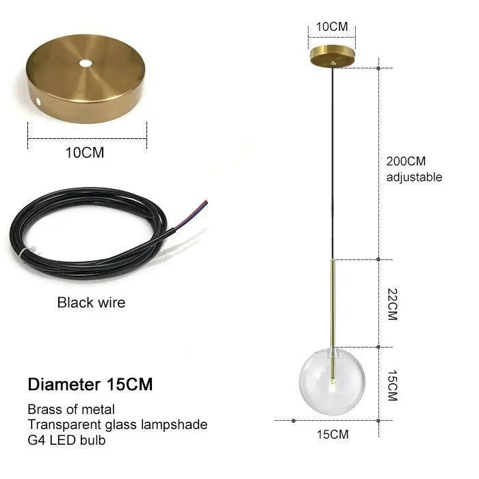 suspension lumineuse moderne transparente dorée brillante scandinave câble électrique fixée
