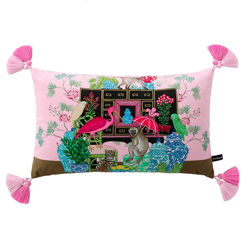 coussin boho chic imprimé flamants roses oiseaux plantes pompons rose vert bleu noir