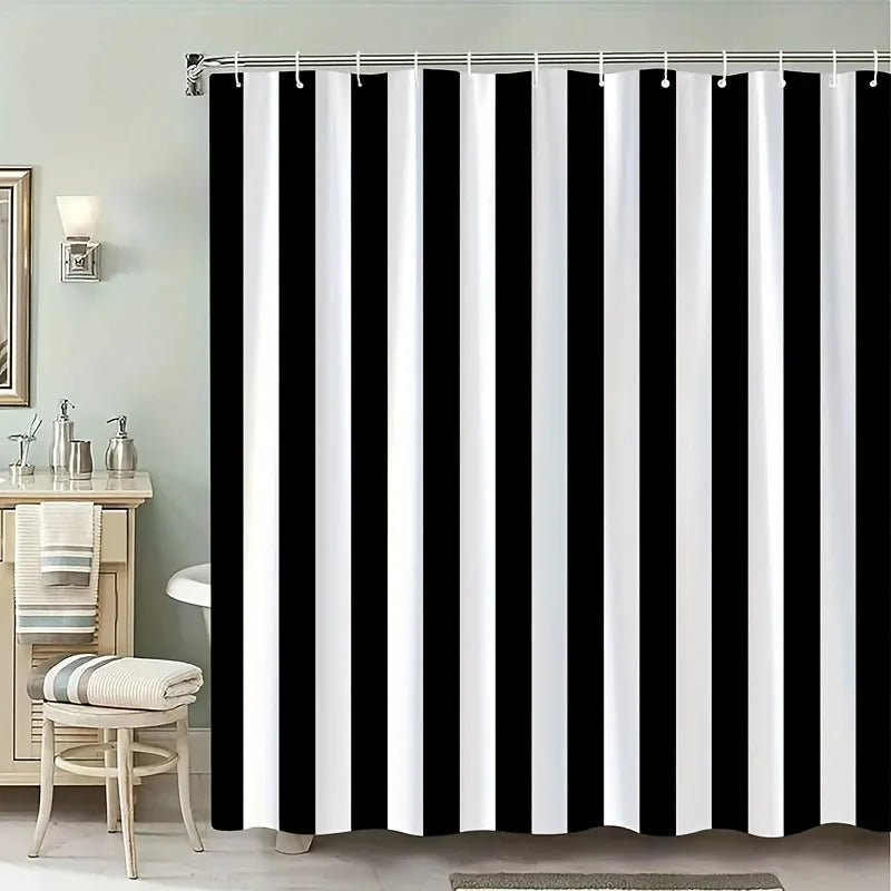 rideau douche noir blanc rayures horizontales moderne opacité métalliques polyester