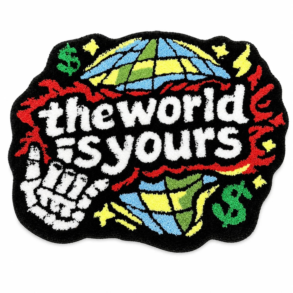 tapis tufté carte monde texte monde est vous symboles monétaires créatif pop art polygone