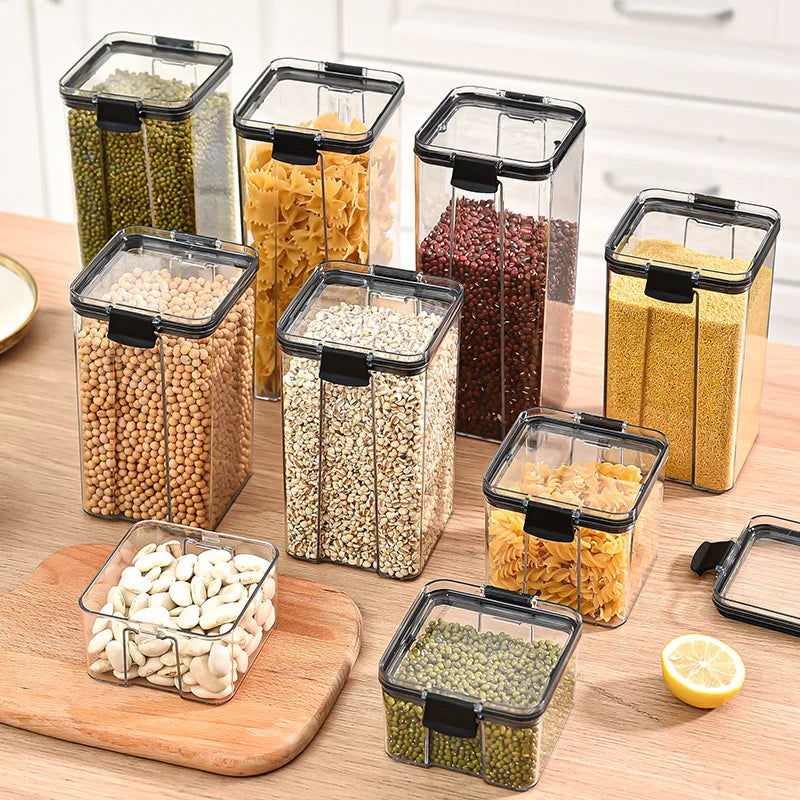 boîtes rangement alimentaires transparentes poignées noires grains pâtes fruits secs moderne pratiques résistantes humides