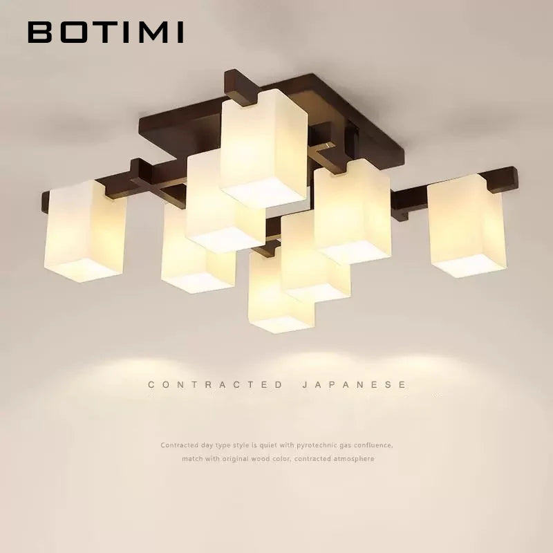 lustre japonais minimaliste bois marron foncé abat jours rectangulaires lumière douce led contracté