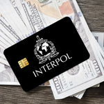 stylo bille bleu interpol logo globe épée carte bancaire