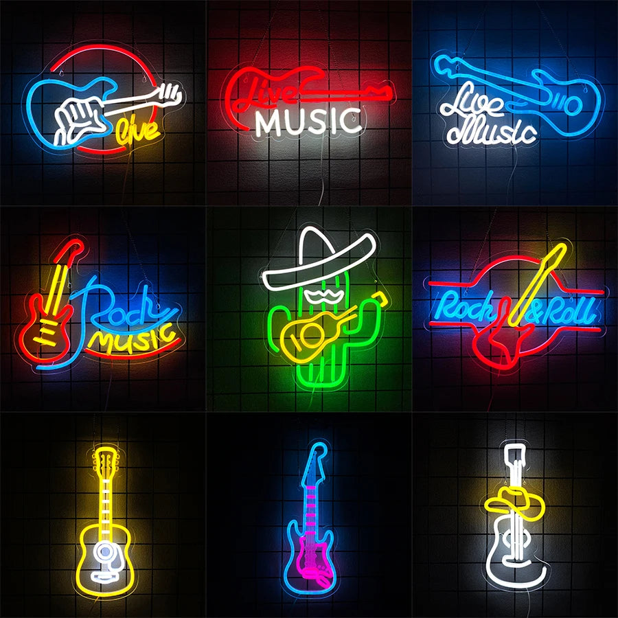 néon lumineux guitare rock roll live music couleur rouge bleu jaune blanc fixations