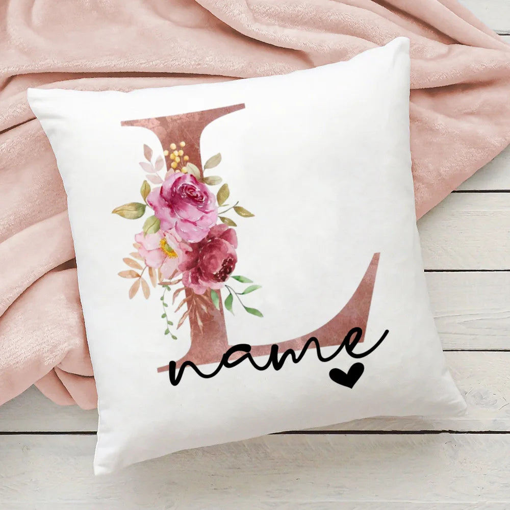 taie d'oreiller motif floral rose lettres initiales respectueux environnement moderne blanc