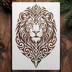 pochoir stencil lion stylisé motifs floraux blanc brun artisanal adhésif peinture bois décoration intérieure