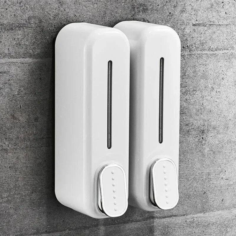 distributeur savon liquide mural blanc doré moderne adhésif bouton déclenchement fenêtre remplissage minimaliste