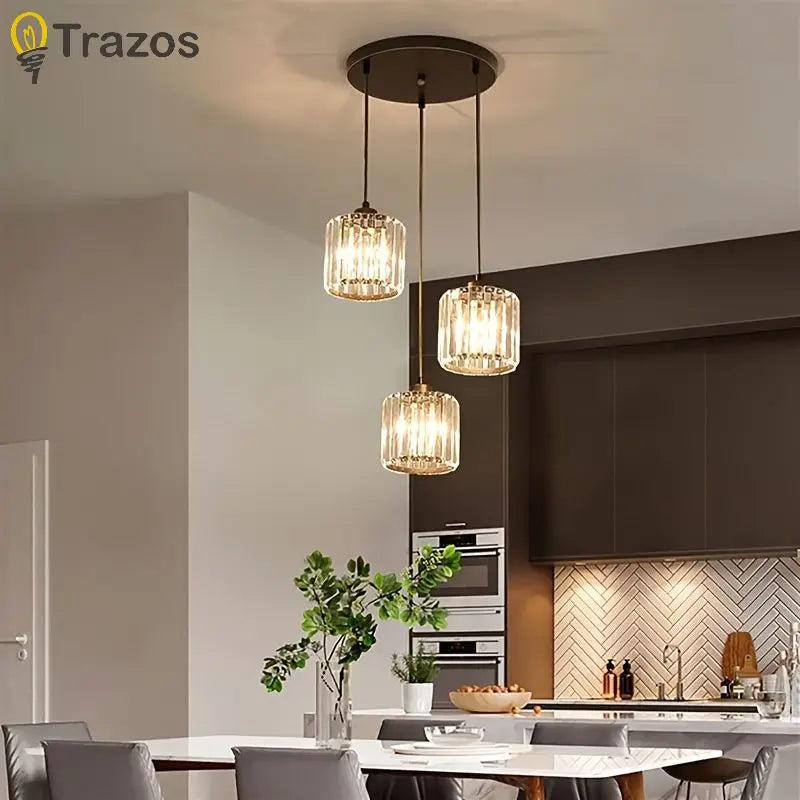 suspension lumineuse trois lumières cristal or moderne abat jour transparent chambre salon contemporain