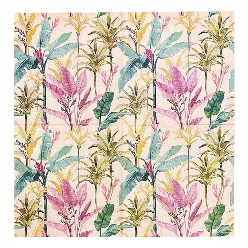 serviettes papier imprimées motif floral moderne 33cm rose clair vert bleu violet tropicales 20pcs