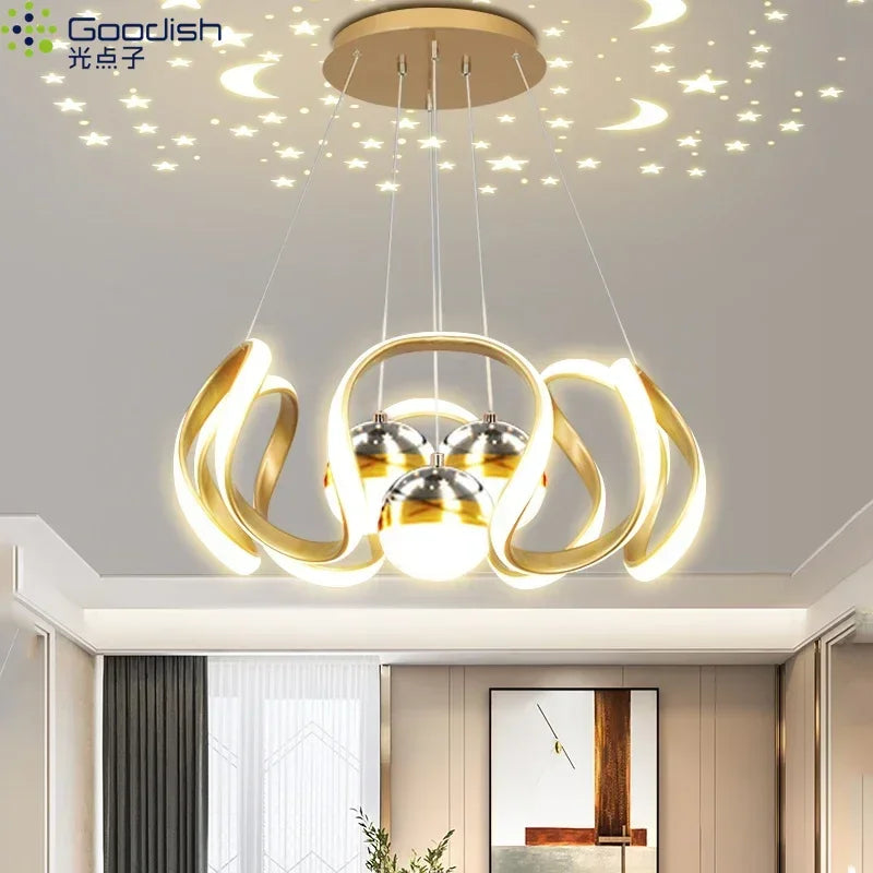 suspension lumineuse moderne or argent noir anneau incurvé étoiles lune contemporain chambre salon