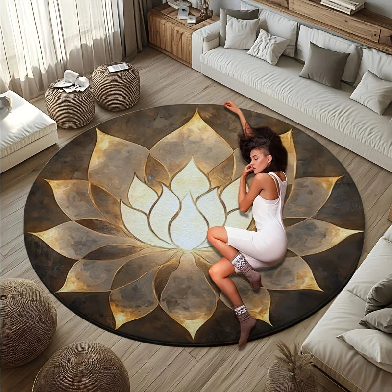 tapis rond fleur lotus moderne noir doré résistant antidérapant intérieur extérieur salon chambre