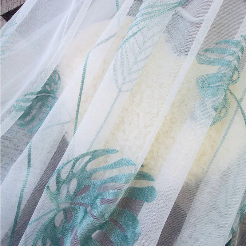 rideau tulle feuilles tropicales blanc vert clair moderne translucide 100cm largeur