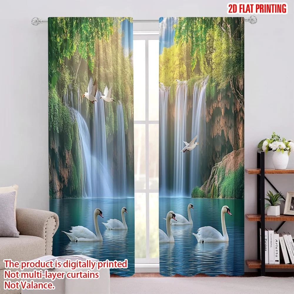 rideau moderne deux pièces paysage cascade oiseaux arbres vert bleu opacité polyester