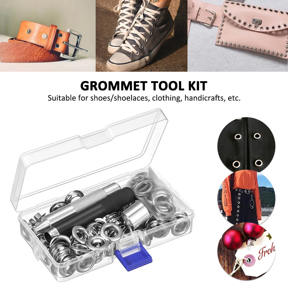 kit grommets argentés outils perforation boîte rangement textiles pratique utilitaire