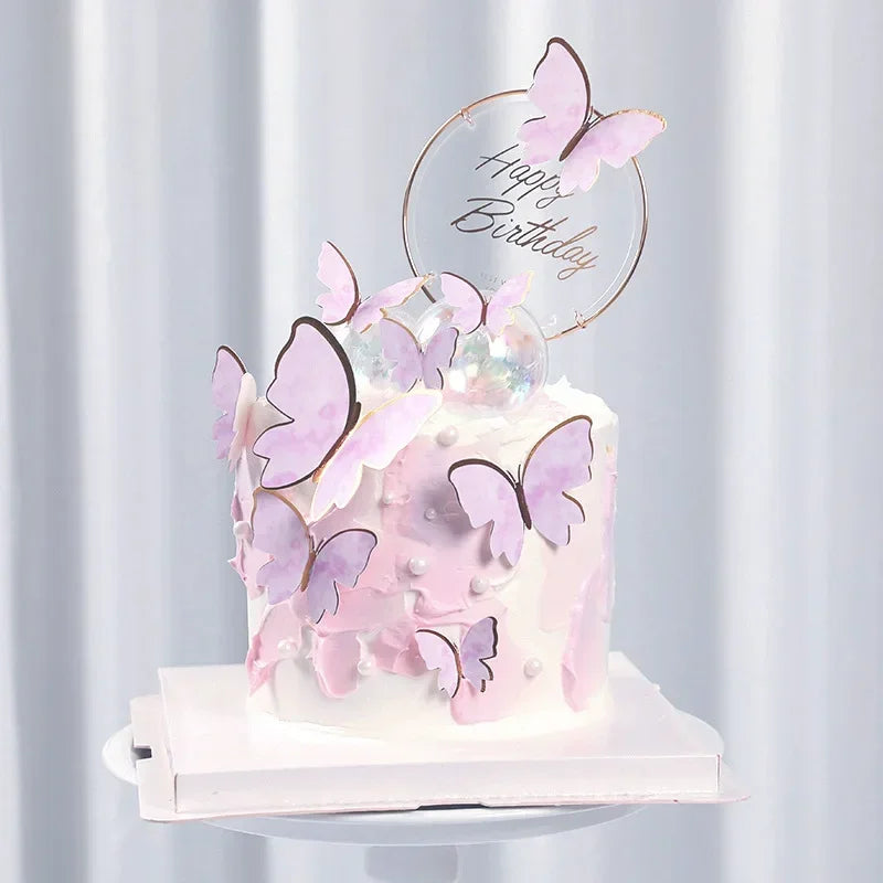 décoration gâteau anniversaire papillon rose pâle doré transparent cercle happy birthday best wishes mariage