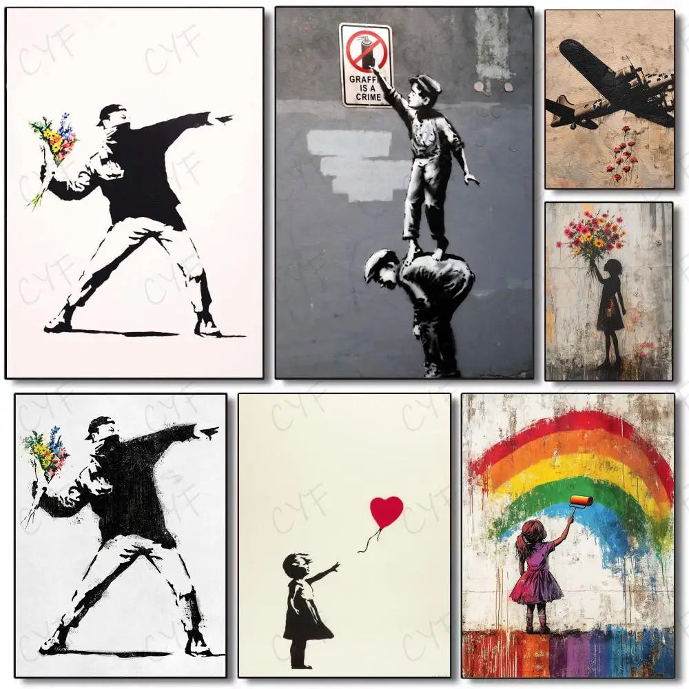 affiche art contemporaine street banksy graphique abstraite noire blanche verte murale salon decoration