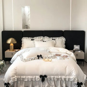 Housse de couette blanche chic à volants multicouches avec nœuds papillon, literie douce en microfibre